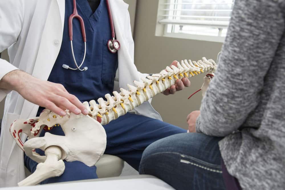 Chiropractor showing spine during a new patient consultation.
