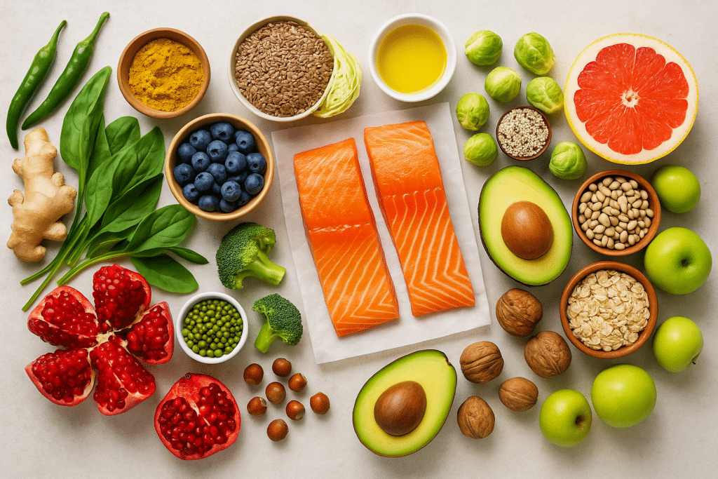 healthy foods such as fruits, vegetables, and fish.