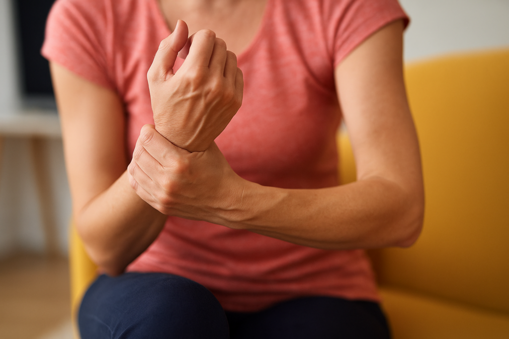 woman holding hand in pain from neuropathy