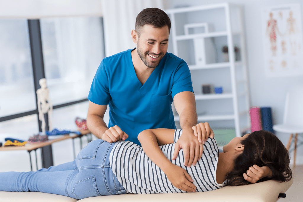 Chiropractor adjusting patient in his office after costs have been paid.