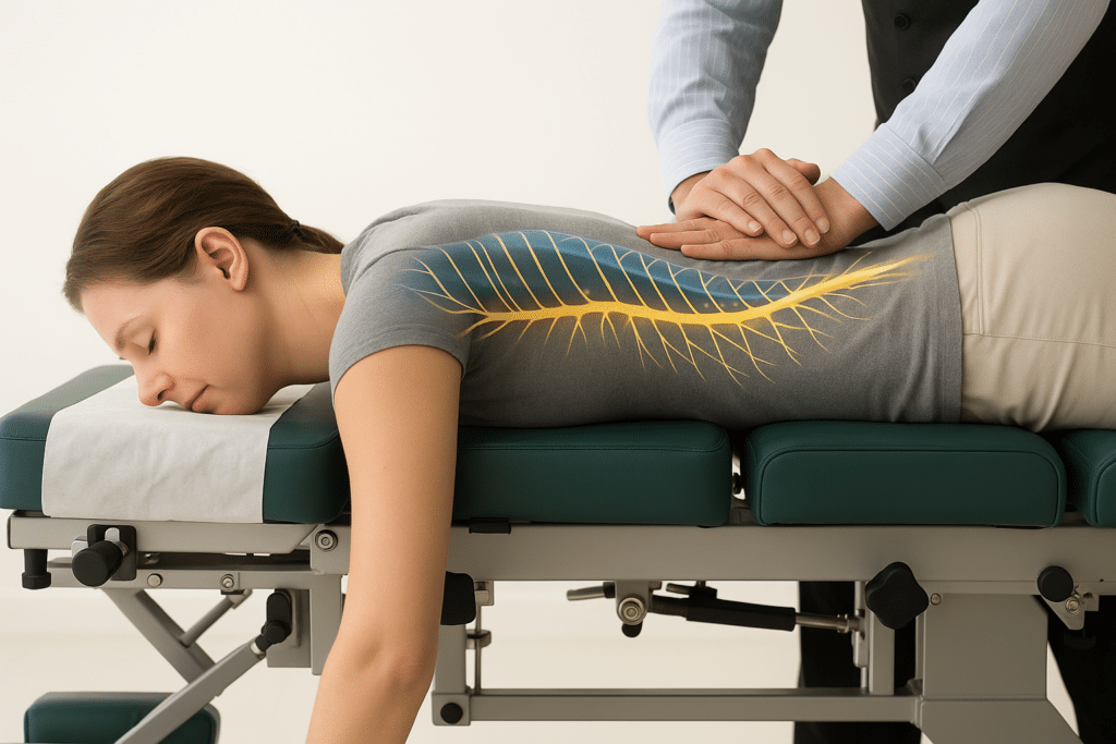 chiropractor adjusting patient on a thompson drop table.