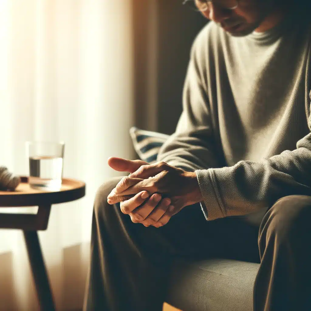 man sitting in chair holding his hand in pain from neuropathy