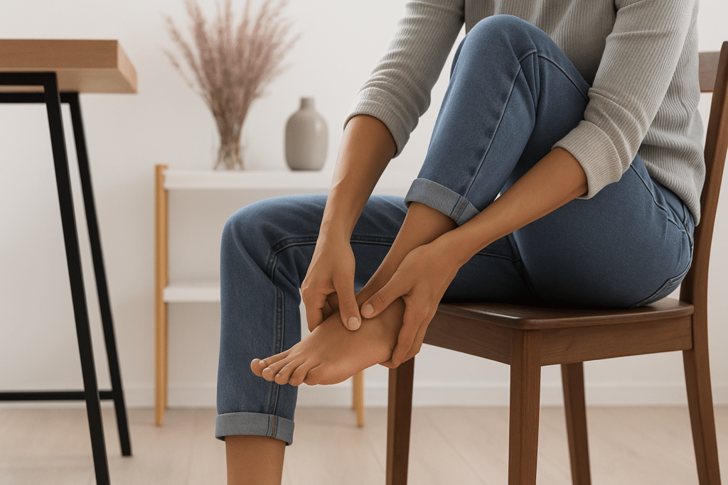 woman sitting in char with her leg raised holding her foot from neuropathy pain