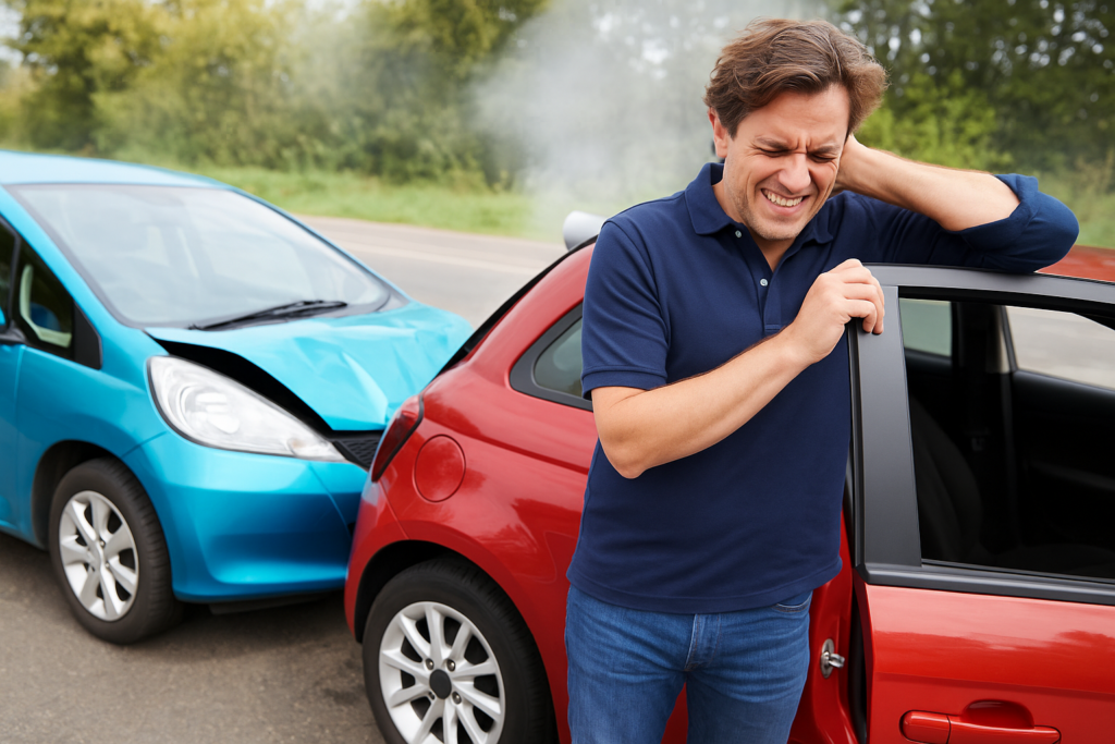 Man suffering from whiplash after a car accident.