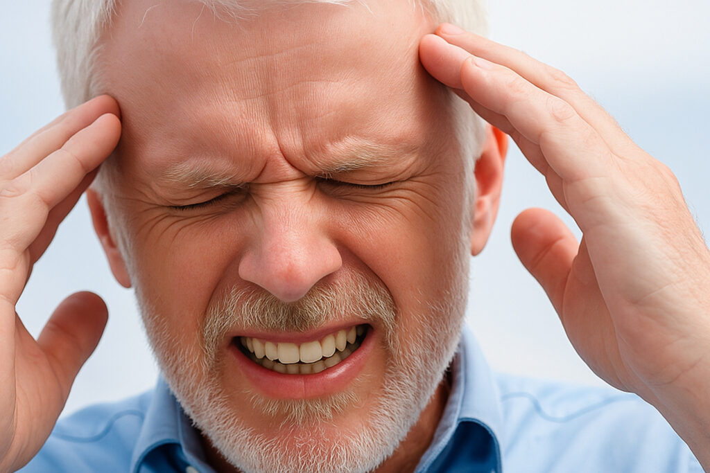 Headache chiropractic care patient holding his temples.