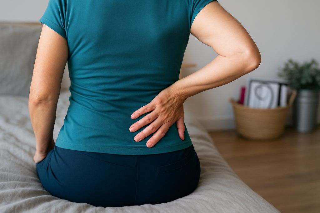 Elderly woman holding her back because of sciatic nerve pain.