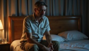 man sitting on the side of bed with painful neuropathy.