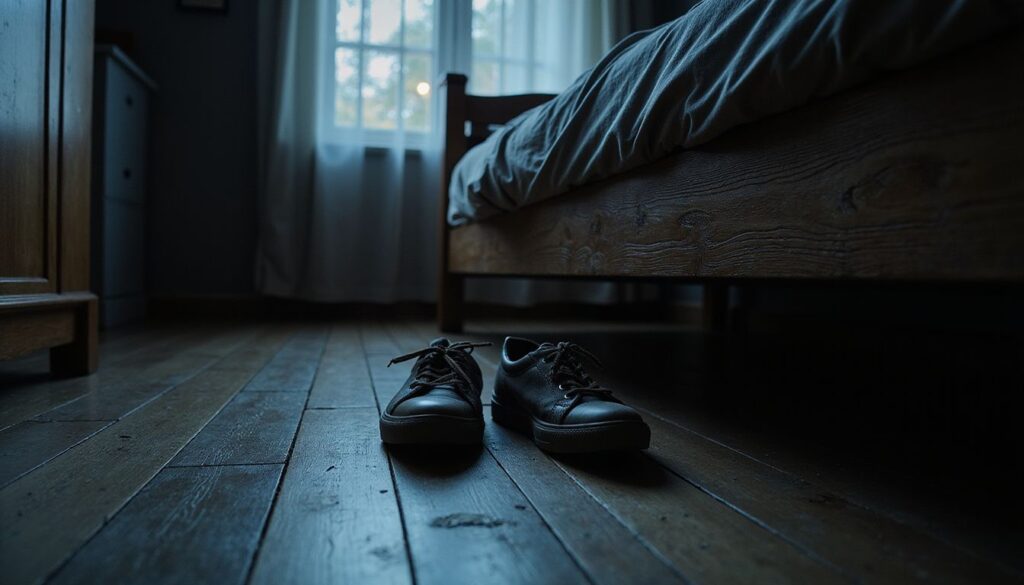 shoes on the side of a bed.