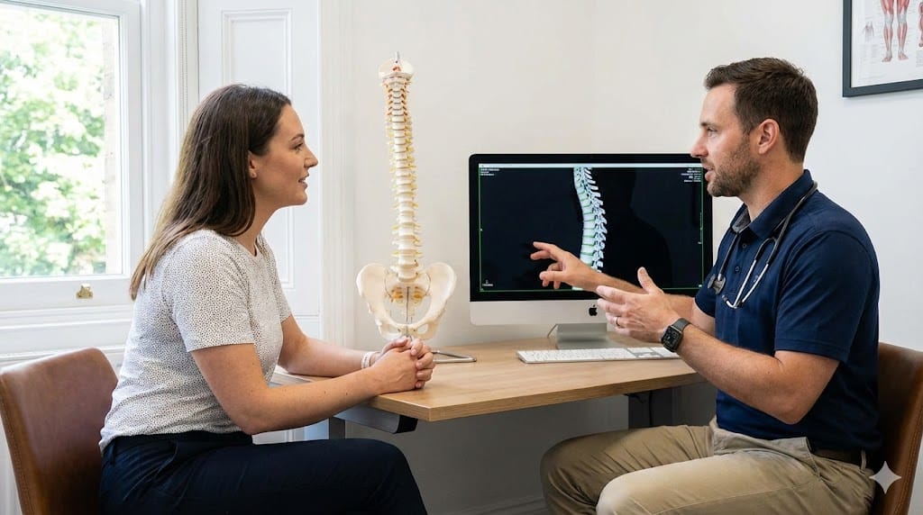 chiropractor explains some red flags to a patient.