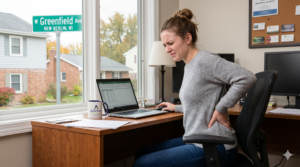 woman with lower back pain at work in new berlin.