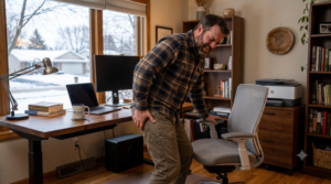Person in New Berlin holding the back of their thigh while standing up from a desk