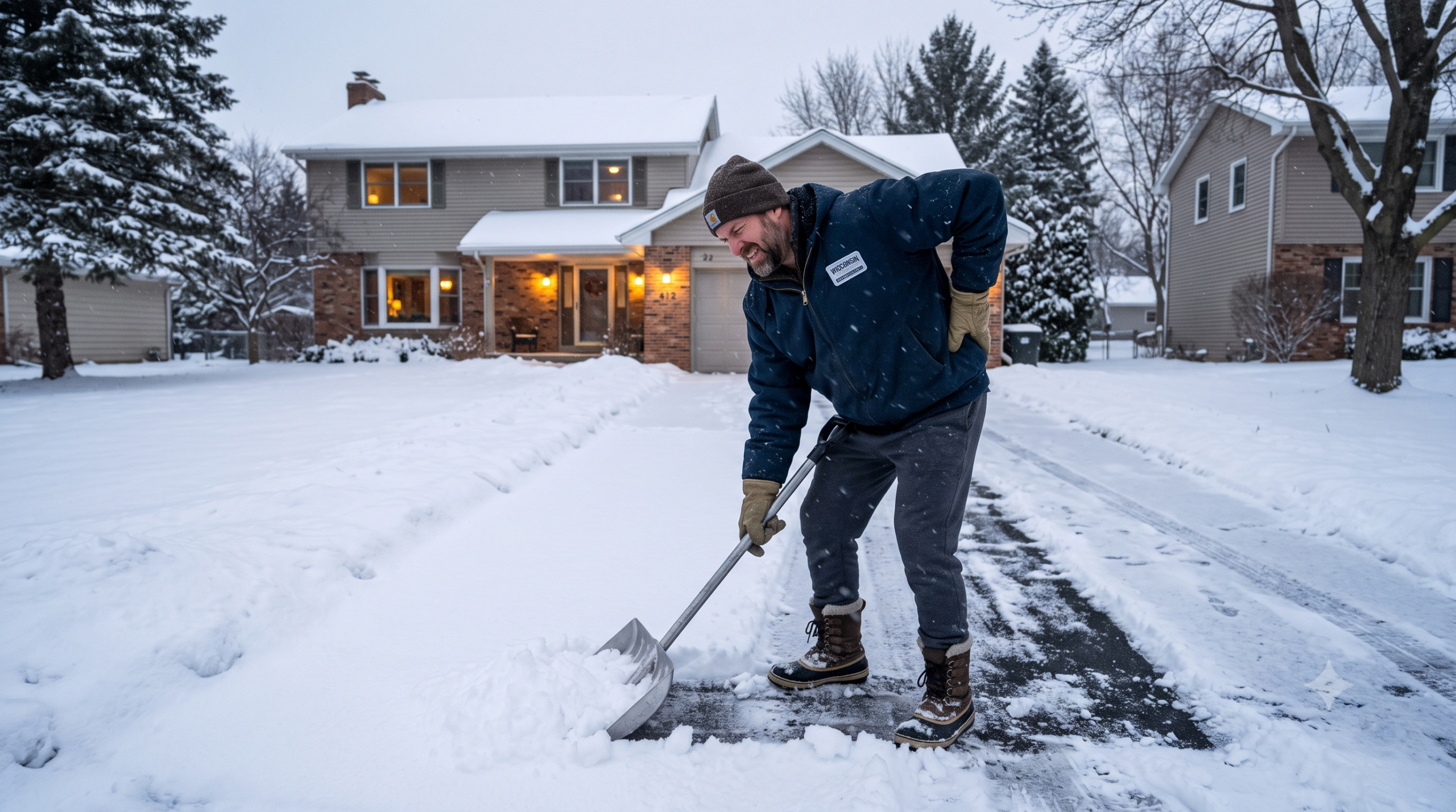 New Berlin resident shoveling snow from a driveway while holding their lower back